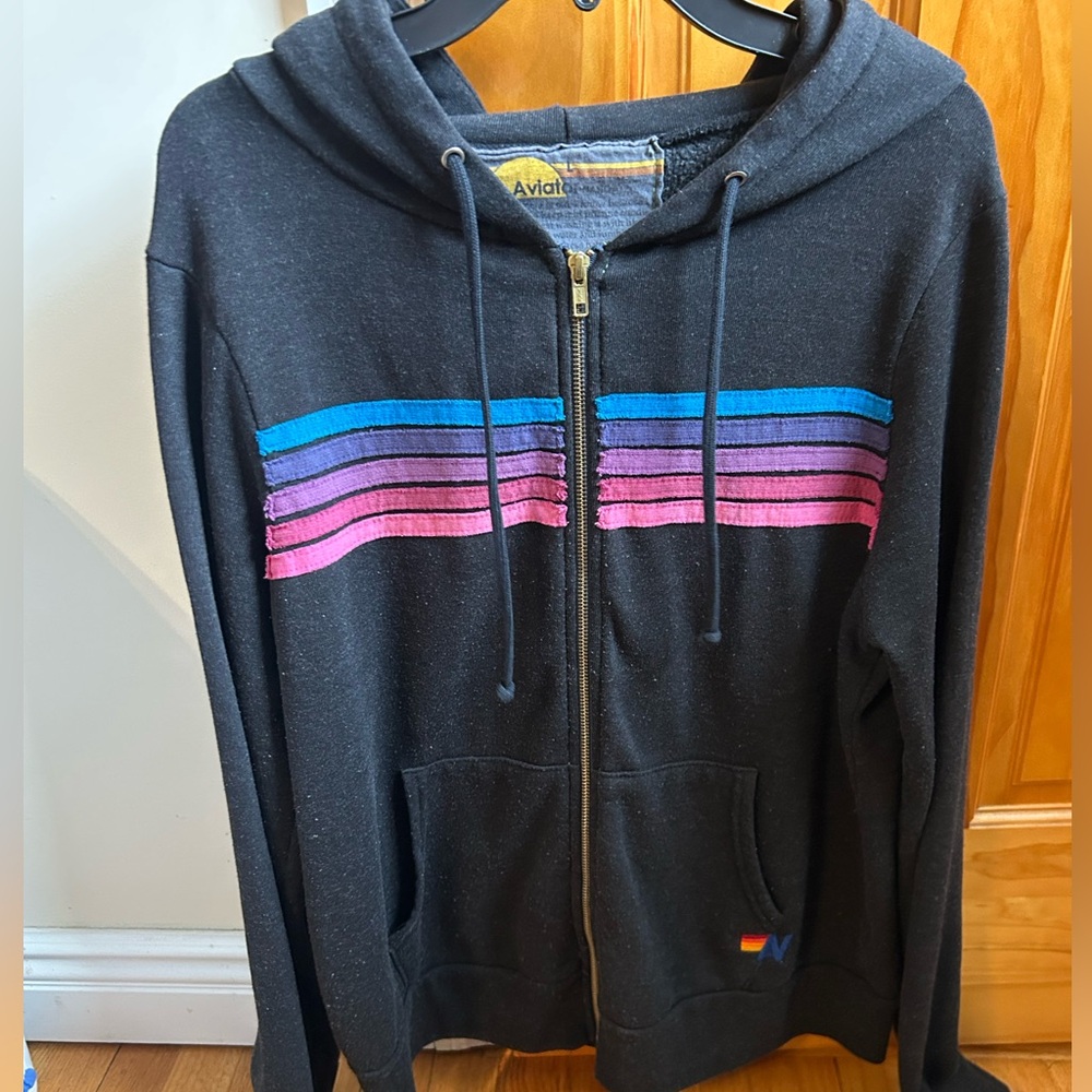 AVIATOR NATION 5 STRIPE ZIP UP HOODIE - CHARCOAL